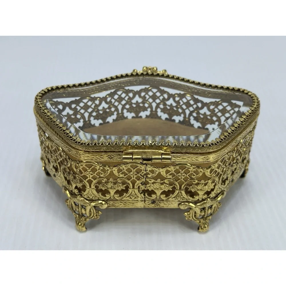 Vintage Jewelry Box Casket Filigree Ormolu Style Footed Hollywood Regency Glass